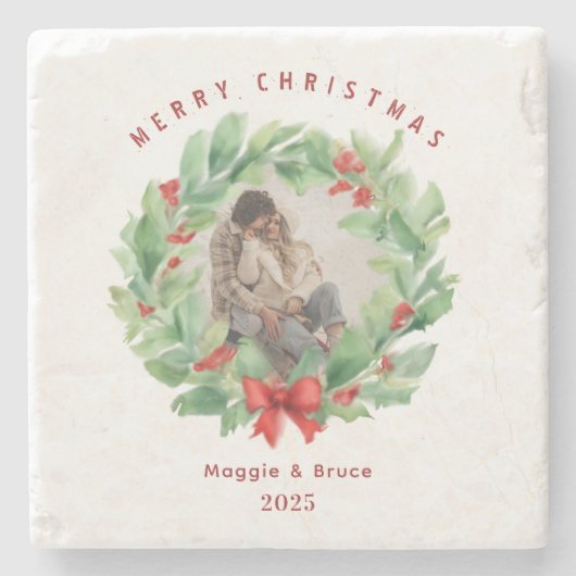 Kerstkrans in waterverf aangepaste foto stenen onderzetter (Voorkant)
