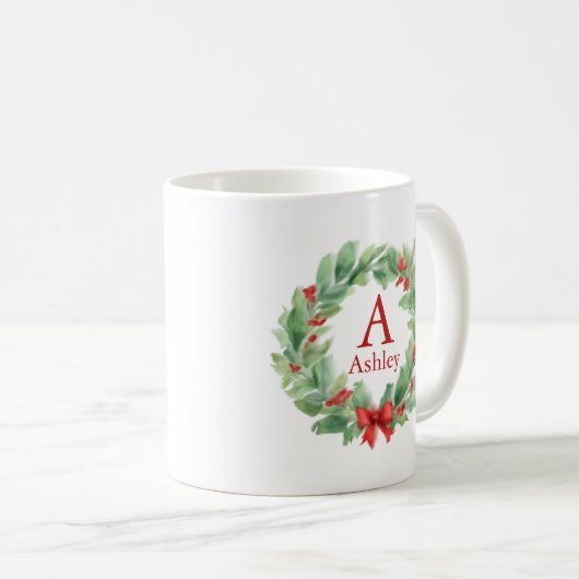 Kerstkrans in waterverf monogram en naam koffiemok (Voorkant rechts)