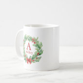 Kerstkrans in waterverf monogram en naam koffiemok (Voorkant links)