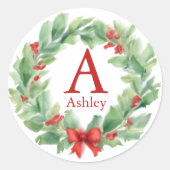 Kerstkrans in waterverf monogram en naam ronde sticker (Voorkant)