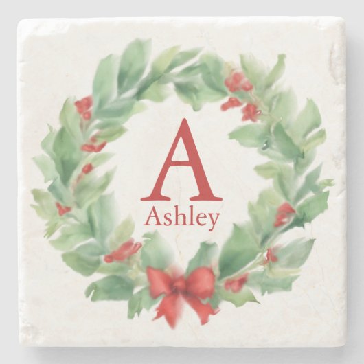 Kerstkrans in waterverf monogram en naam stenen onderzetter (Voorkant)