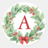 Kerstkrans in waterverf monogram ronde sticker (Voorkant)