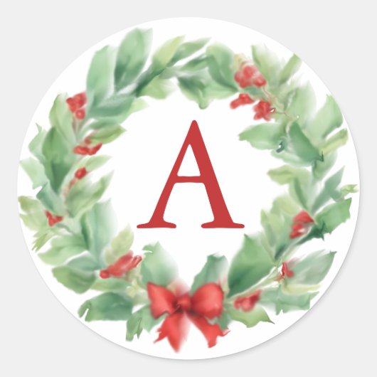 Kerstkrans in waterverf monogram ronde sticker (Voorkant)