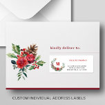 Kerstkrans individuele gast adresetiketten sticker<br><div class="desc">Gepersonaliseerde kerst bruiloft gast naam en adres mailing labels met een elegante rustieke waterverf seizoensgebonden bloemenfamilie monogram krans en een trendy modern typografie script.</div>
