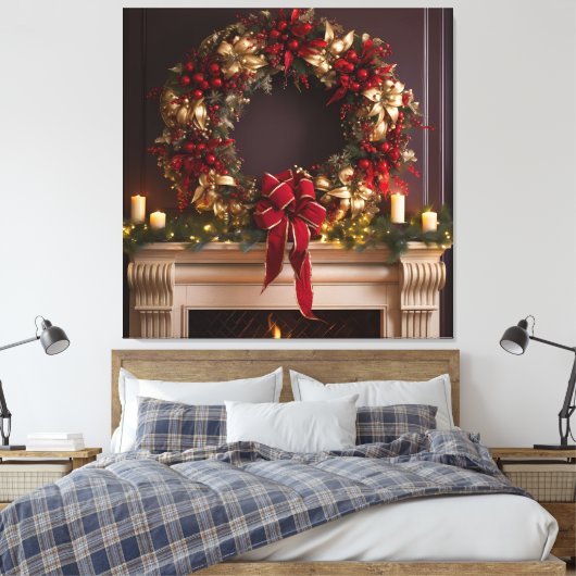 Kerstkrans, kaarsen en open haard canvas afdruk (Insitu (Slaapkamer))