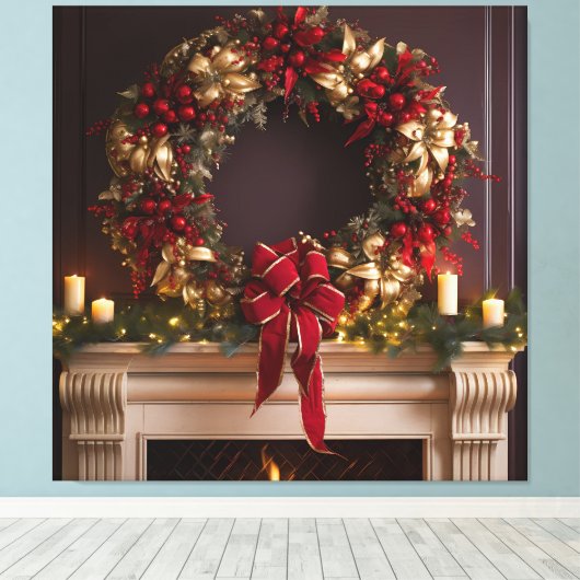 Kerstkrans, kaarsen en open haard canvas afdruk (Insitu (Houten vloer))