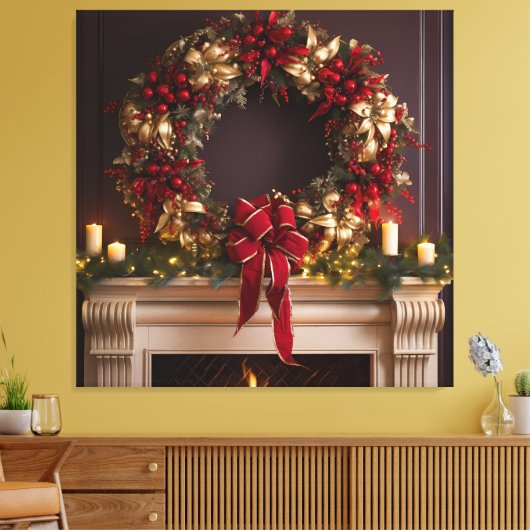 Kerstkrans, kaarsen en open haard canvas afdruk (Insitu (Woonkamer))