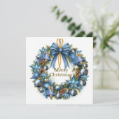 Kerstkrans kerstkaart in blauw en goud (Staand voorkant)