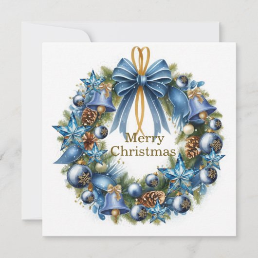 Kerstkrans kerstkaart in blauw en goud (Voorkant)