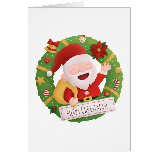 Kerstkrans kerstkaart met leuke Kerstman (Voorkant)
