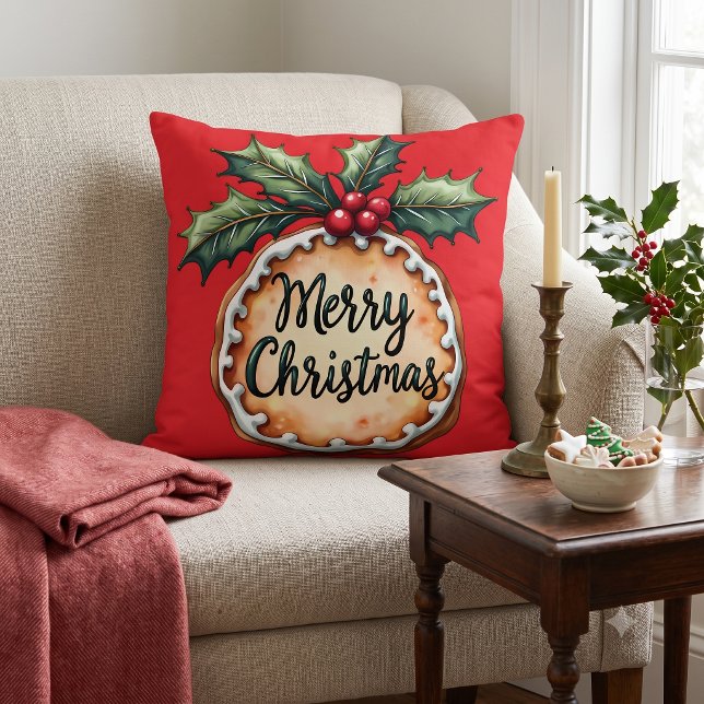 Kerstkrans Koekje met Hulst Bessen Rood Kussen (Merry Christmas Cookie with Holly Berries Red Throw Pillow)