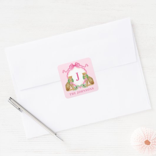 Kerstkrans Luipaard Crest Monogram  Vierkante Sticker (Envelop)
