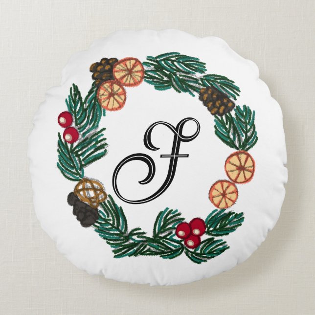 Kerstkrans met aanpasbaar initiaal rond kussen (Voorkant)