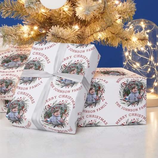 Kerstkrans met bessen en bladeren foto cadeaupapier (Feestdagen)