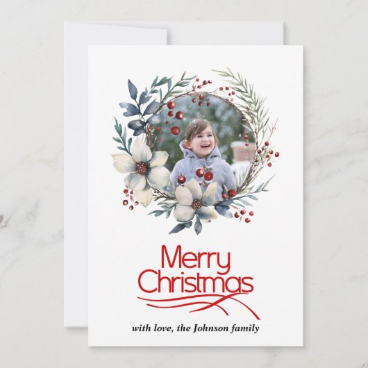 Kerstkrans met bessen en bloemen foto feestdagenkaart (Voorkant)