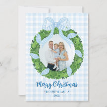 Kerstkrans met blauwe strik foto kerstkaart