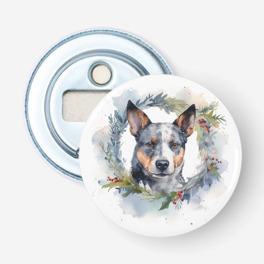 Kerstkrans met Blue Heeler Festieve Puppy Button Flesopener (Voorkant)