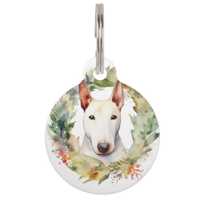 Kerstkrans met Bull Terrier Festieve Pup  Huisdierpenning (Voorkant)