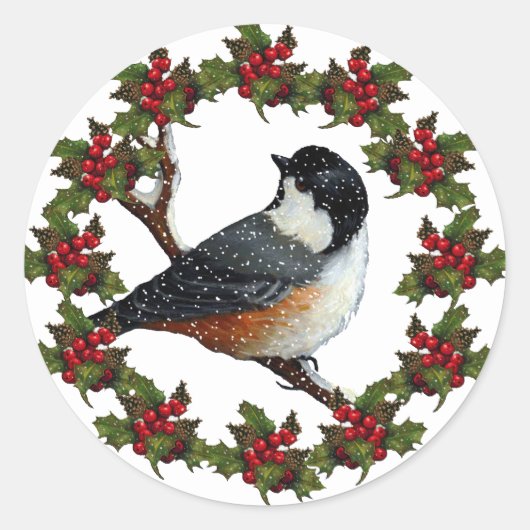 Kerstkrans met Chickade: Originele kunst Ronde Sticker (Voorkant)