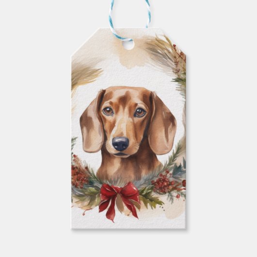Kerstkrans met Dachshund Kerst Puppy Cadeaulabel (Voorkant)