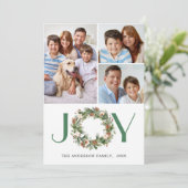 Kerstkrans met dennenappels JOY foto 4 Feestdagenkaart (Staand voorkant)