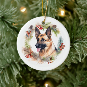 Kerstkrans met Duitse Herdershond Festieve Pup Keramisch Ornament