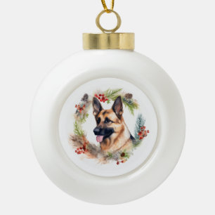 Kerstkrans met Duitse Herdershond Festieve Pup Keramische Bal Ornament