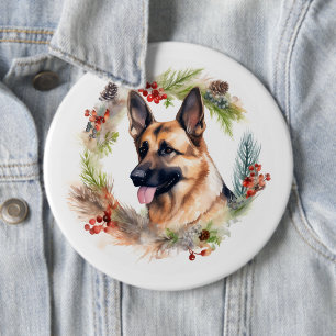 Kerstkrans met Duitse Herdershond Festieve Pup Ronde Button 6,0 Cm