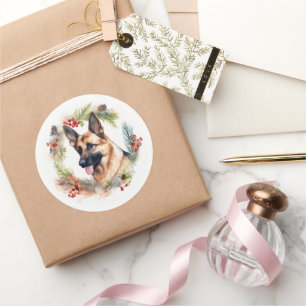 Kerstkrans met Duitse Herdershond Festieve Pup Ronde Sticker