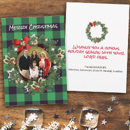 Kerstkrans met eigen foto en Buffalo Plaid Happy Feestdagenkaart
