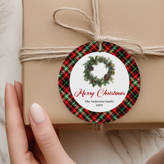Kerstkrans met eigen naam Rood Groen Geruit Etiket