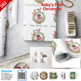 Kerstkrans met foto van baby's 1e kerst Naam herin Cadeaupapier