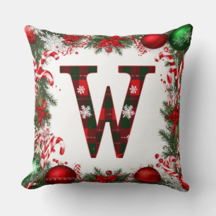 🎄 Kerstkrans met geruite letter W en snoepcane 🎄 Kussen
