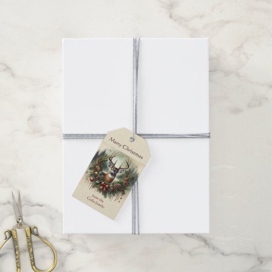Kerstkrans met Herten Cadeautag Cadeaulabel (Met Touw)