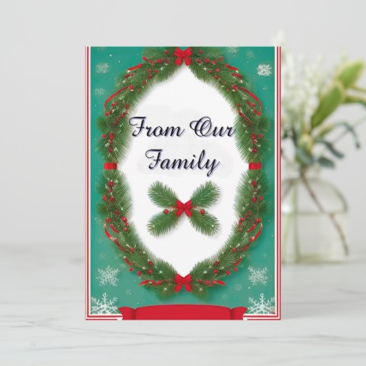 Kerstkrans met Holly Berries en lint Feestdagenkaart (Staand voorkant)