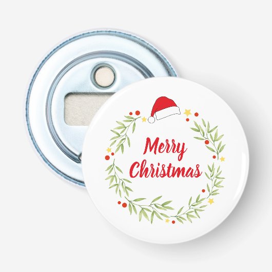Kerstkrans met Kerstmannenhoed Button Flesopener (Voorkant)