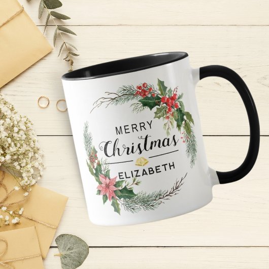Kerstkrans met lint en tekst Zwart Mok