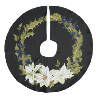 Kerstkrans met mooie witte bloemen imitatie linnen kerstboom kleed