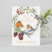Kerstkrans met Peace & Love Robin Pijnboom Goud Folie Feestdagenkaart (Staand Voorkant)
