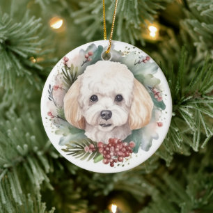 Kerstkrans met Poedel Feestelijke Pup Keramisch Ornament