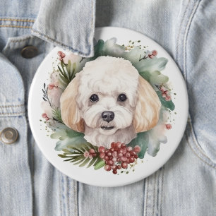 Kerstkrans met Poedel Feestelijke Pup Ronde Button 6,0 Cm