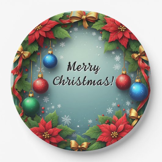 Kerstkrans met Poinsettias Papieren Bordje (Voorkant)