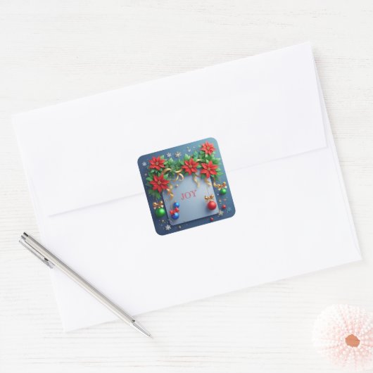 Kerstkrans met Poinsettias Vierkante Sticker (Envelop)