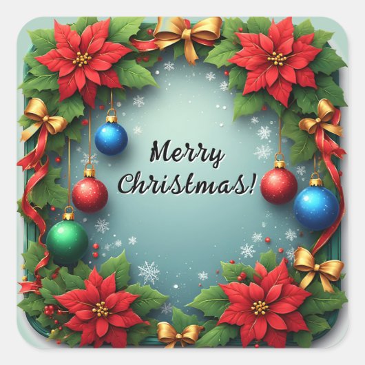 Kerstkrans met Poinsettias Vierkante Sticker (Voorkant)