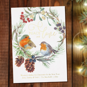 Kerstkrans met Robin en dennenappels Goud Folie Feestdagenkaart