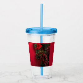kerstkrans met rode bessen acryl drinkbeker