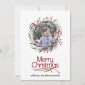 Kerstkrans met rode bessen en bladeren foto feestdagenkaart (Voorkant)