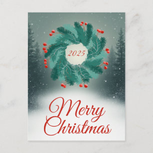 Kerstkrans met rode bessen en bos briefkaart