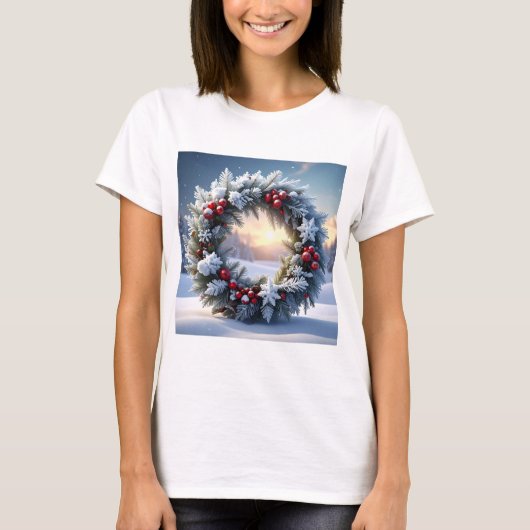 Kerstkrans met rode bessen in de sneeuw t-shirt (Voorkant)