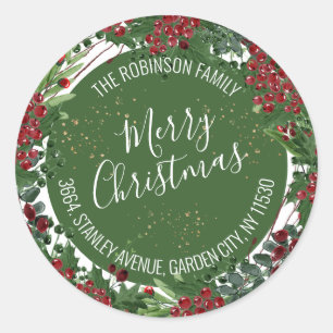 Kerstkrans met rode bessen retouradreslabel ronde sticker